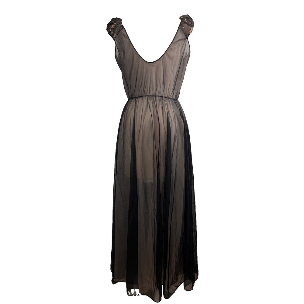Vintage Sheer Nightgown Black Blush 38 Embroidered 50s Cinderella Full Floral - Picture 8 of 13
